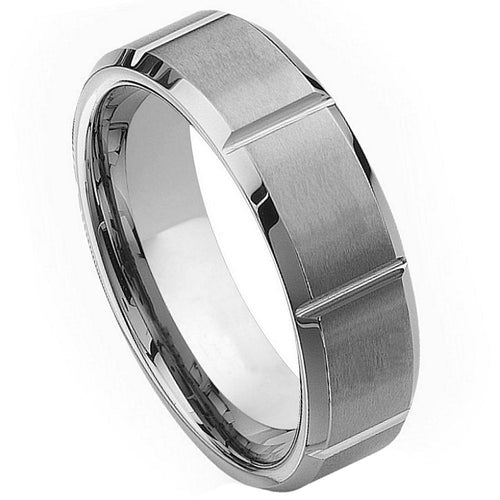 7mm Tungsten Carbide Brushed Center Shiny Beveled Edge  Wedding Band Ring