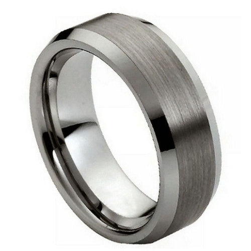 8mm Tungsten Carbide Brushed Center High Polished Beveled Edge Wedding Band Ring