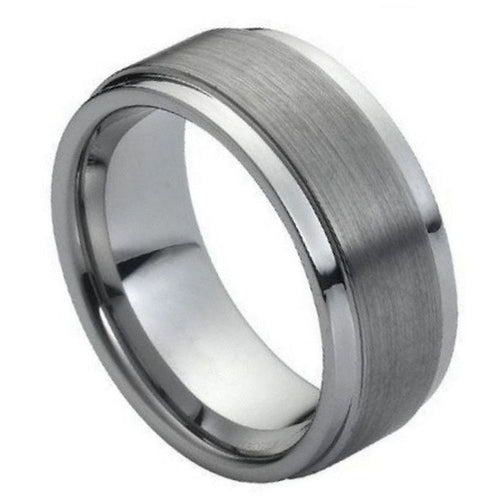 9mm Tungsten Carbide Flat Brushed Center Shiny Stepped Edge Wedding Band Ring