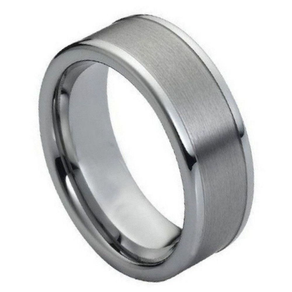 8mm Tungsten Carbide Brushed with Polished Shiny Raised Edge Wedding Band Ring