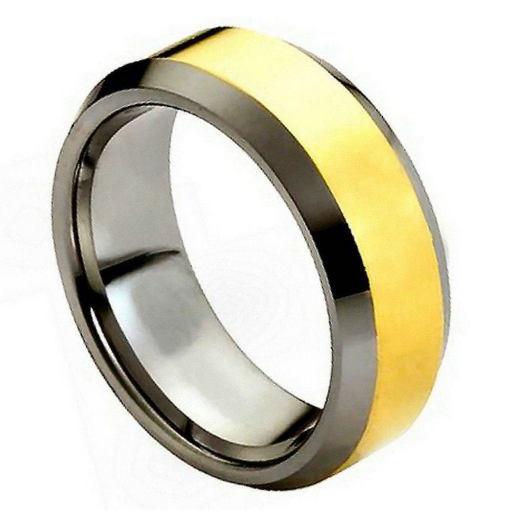 8mm Tungsten Carbide Polished Shiny Gold Plated Center & Beveled Edge Wedding Band Ring