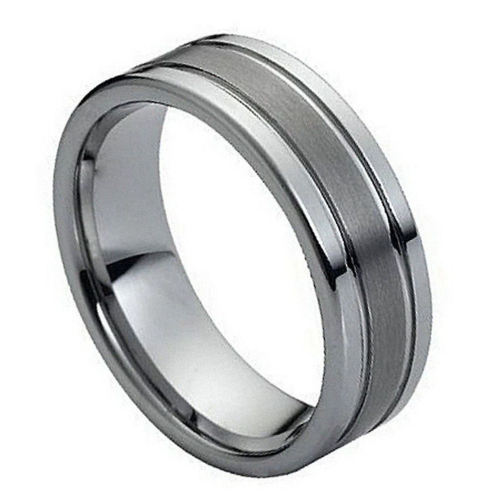 8mm Tungsten Carbide Polished Shiny Double Grooved Brushed Center Wedding Band Ring