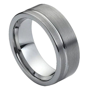 8mm Tungsten Carbide PipeCut Brushed Finish with Polished Shiny Off-Center Groove Wedding Band Ring
