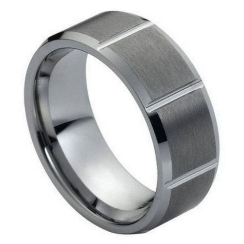 8mm Tungsten Carbide Pipe-cut Brushed Finish with Polished Shiny Off-Center Groove Wedding Band Ring