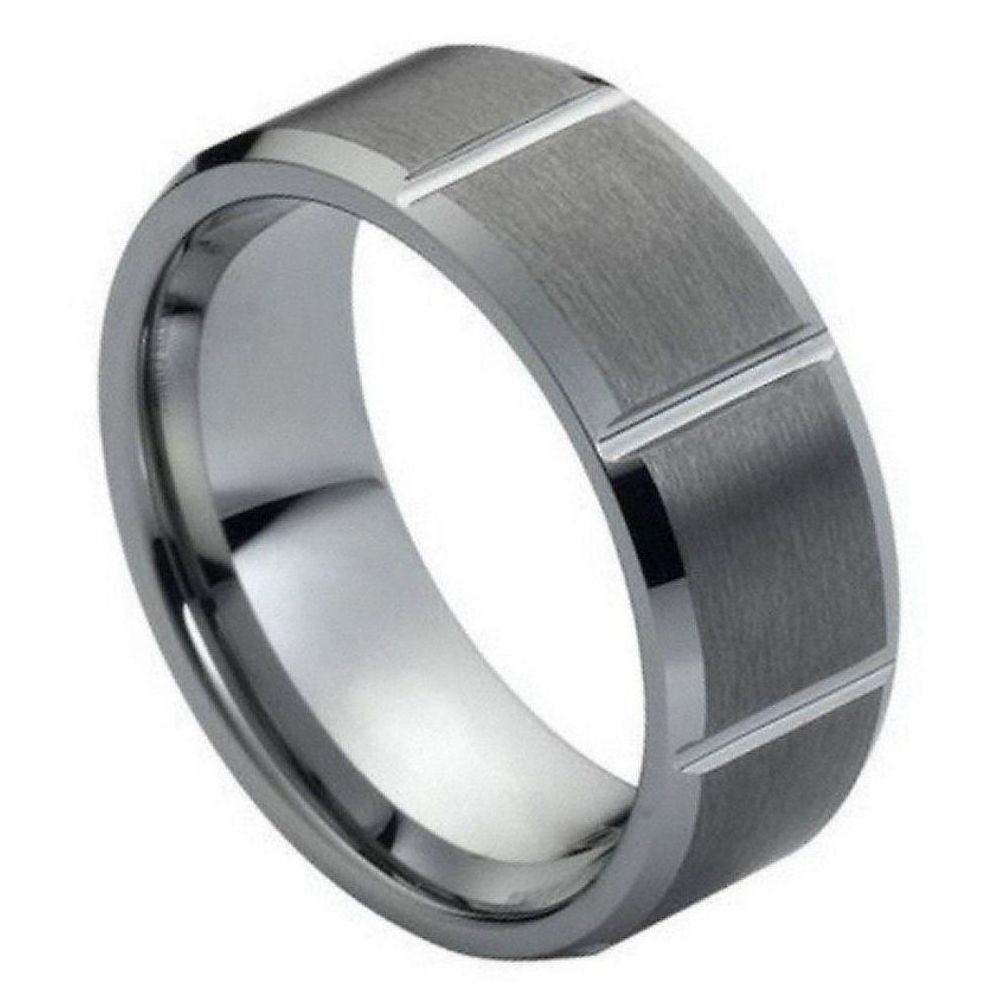8mm Tungsten Carbide Pipe-cut Brushed Finish with Polished Shiny Off-Center Groove Wedding Band Ring
