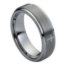 Load image into Gallery viewer, 7mm Tungsten Carbide Flat Brushed Center Laser Engraved Crosses Wedding Band Ring