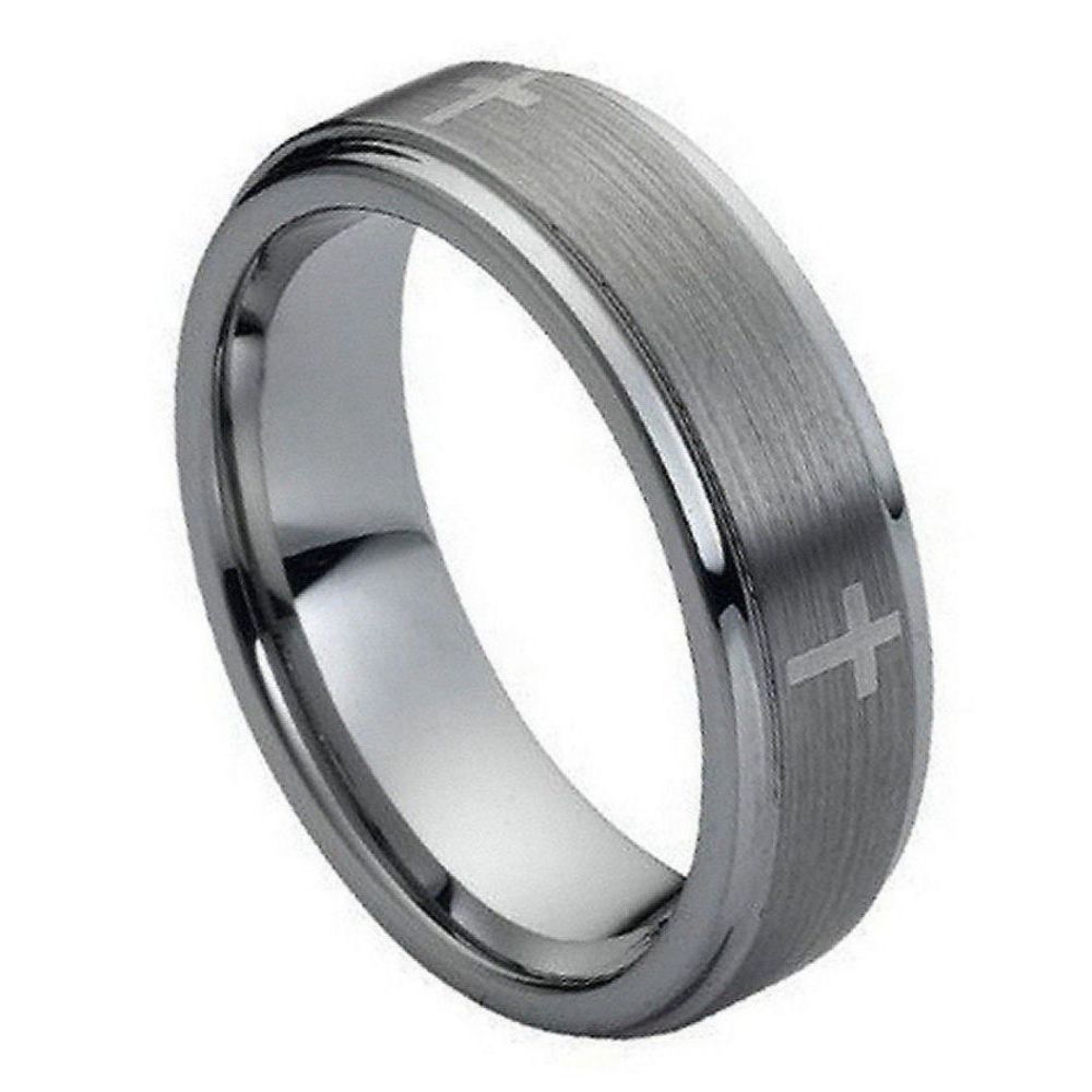 7mm Tungsten Carbide Flat Brushed Center Laser Engraved Crosses Wedding Band Ring