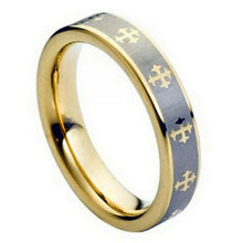 Load image into Gallery viewer, 5mm Tungsten Carbide Yellow Gold Tone IP Plated Laser Engraved Crosses Design Wedding Band Ring