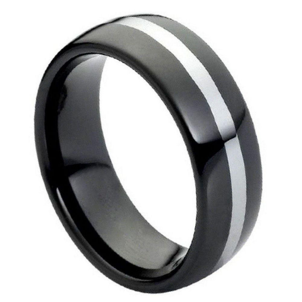 8mm Tungsten Carbide High Polished Black IP Plated Shiny Center Line Wedding Band Ring