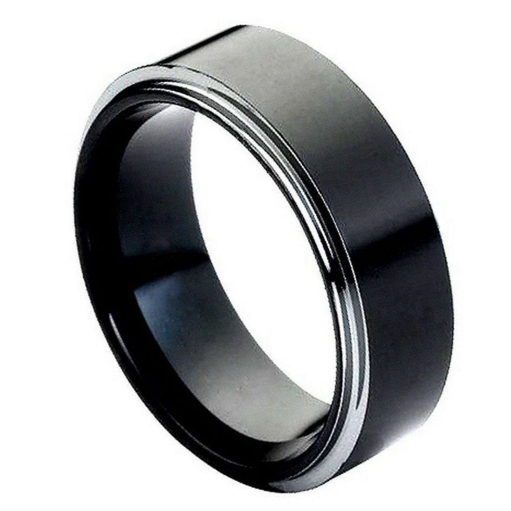 8mm Tungsten Carbide High Polished Black IP Plated Stepped Edge Wedding Band Ring