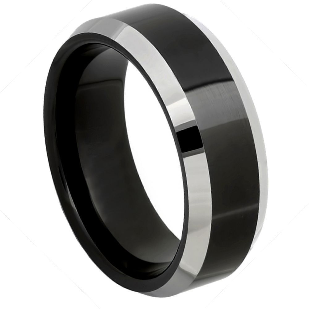 8mm Tungsten Carbide Black IP Plated Center High Polished Steel Color Beveled Edge Wedding Band Ring