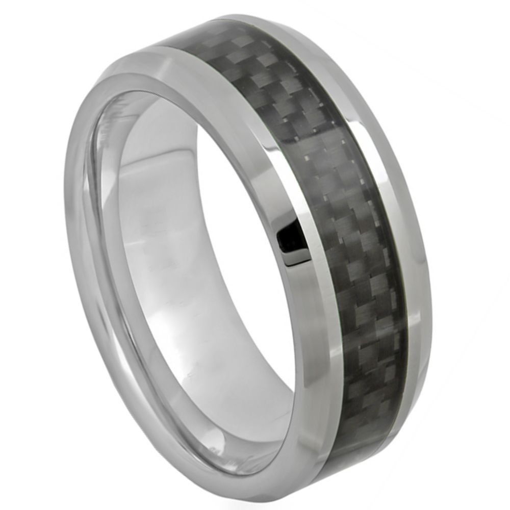 8mm Tungsten Carbide High Polished with Black Carbon Fiber Inlay Wedding Band Ring