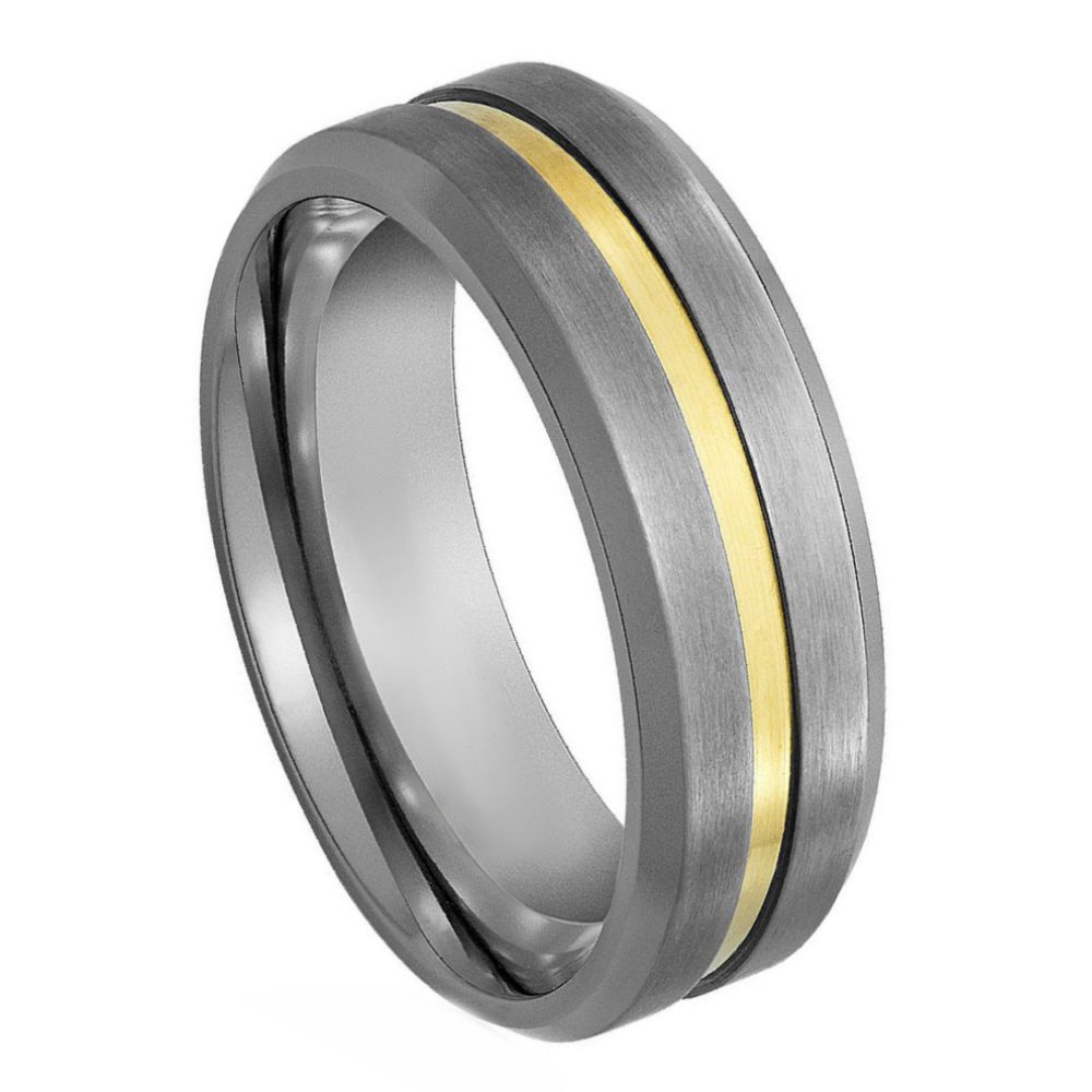 7mm Tungsten Carbide Yellow Gold Tone IP Plated Center Grooved Wedding Band Ring