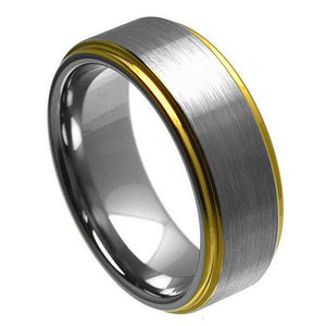 8mm Tungsten Carbide Ring Yellow Gold Tone IP Plated Edge Wedding Band Ring