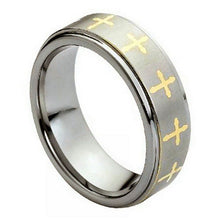 Load image into Gallery viewer, 8mm Tungsten Carbide Yellow Gold Tone IP Plated Laser Engraved Crosses Design Wedding Band Ring