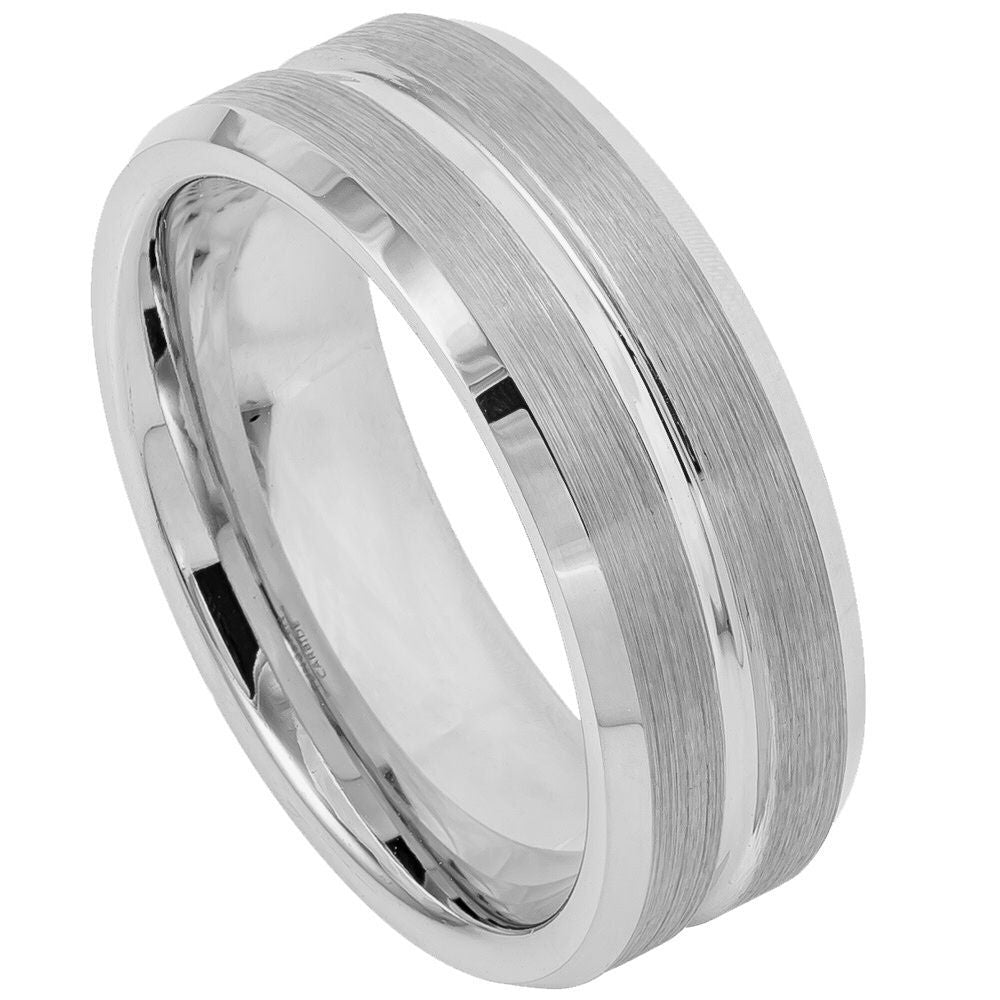 9mm Tungsten Carbide Grooved on Brushed Center High Polished Beveled Edge Wedding Band Ring