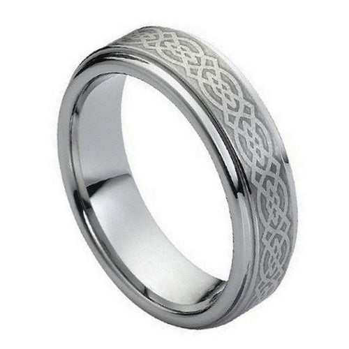 7mm Tungsten Carbide Brushed Laser Engraved Celtic Knot Pattern Wedding Band Ring