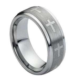 9mm Tungsten Carbide Flat Laser Engraved Crosses on Brushed Center Wedding Band Ring