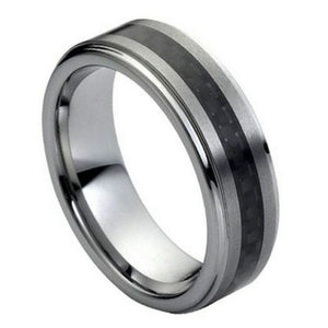 7mm Tungsten Carbide Black Carbon Fiber Inlaid on Brushed Center Wedding Band Ring