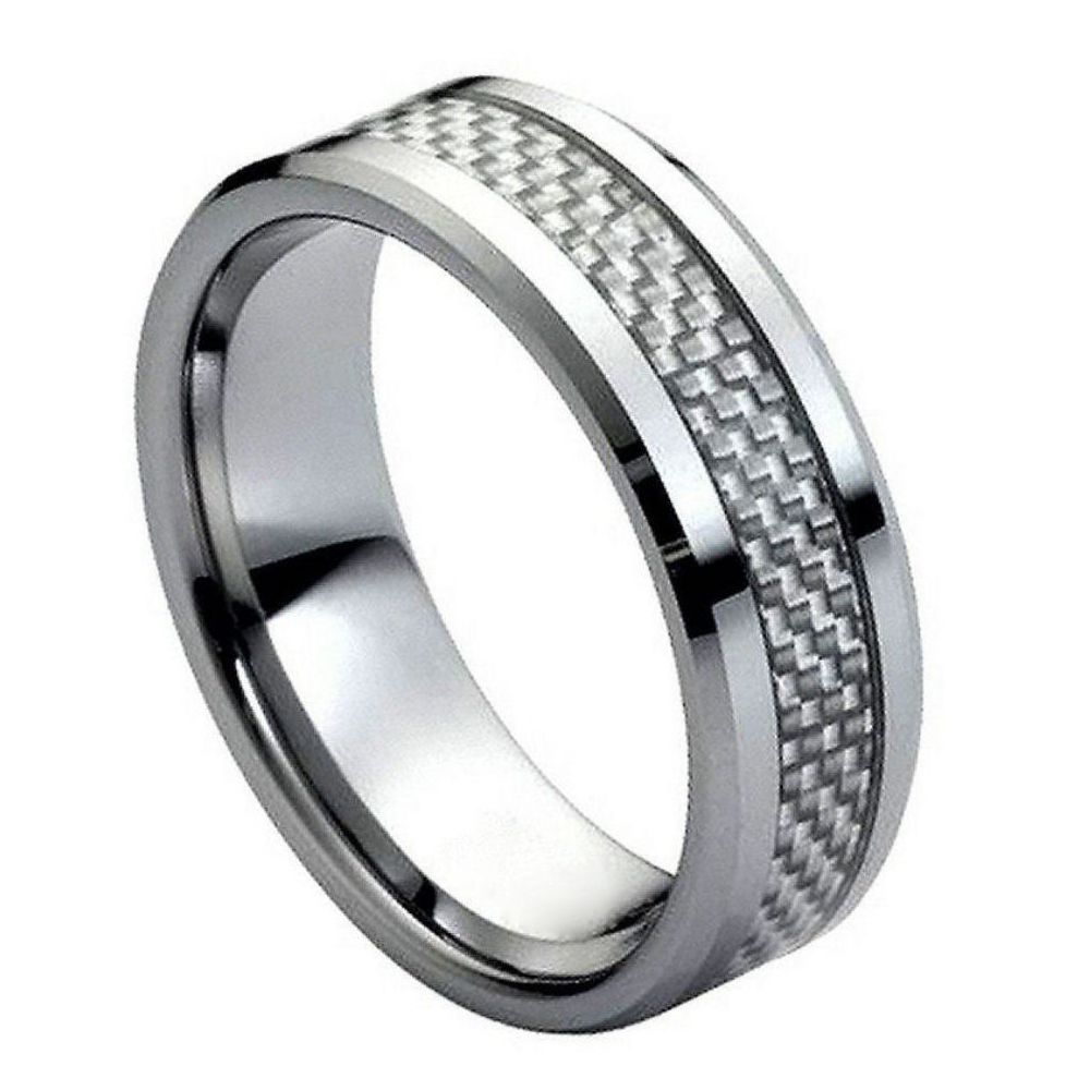 8mm Tungsten Carbide Grey Carbon Fiber Inlay Low Beveled Edge Wedding Band Ring