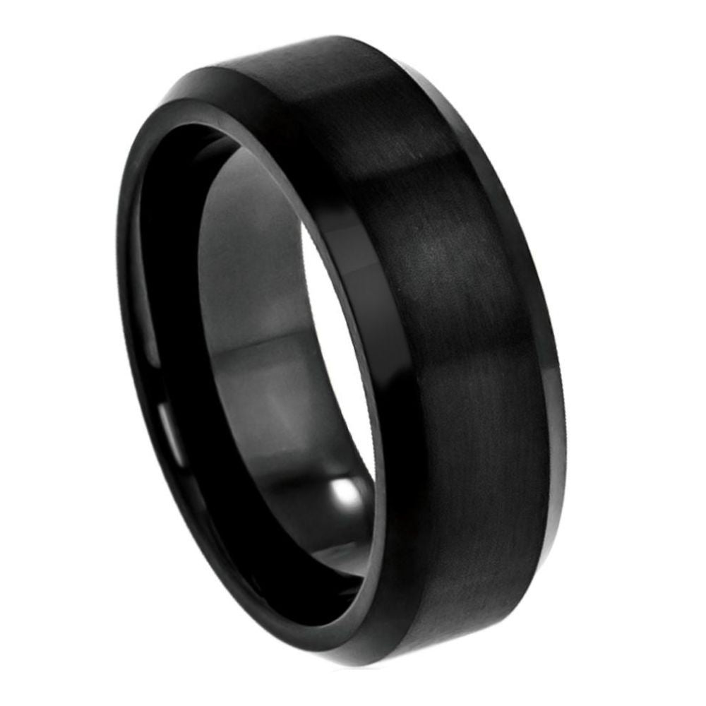 8mm Tungsten Carbide Flat Brushed Center, High Polished Beveled Edge Wedding Band Ring