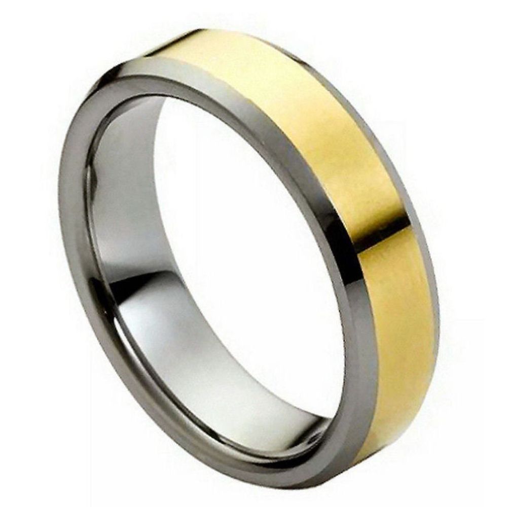 6mm Tungsten Carbide Polished Shiny Gold Plated Center Low Beveled Edge Wedding Band Ring