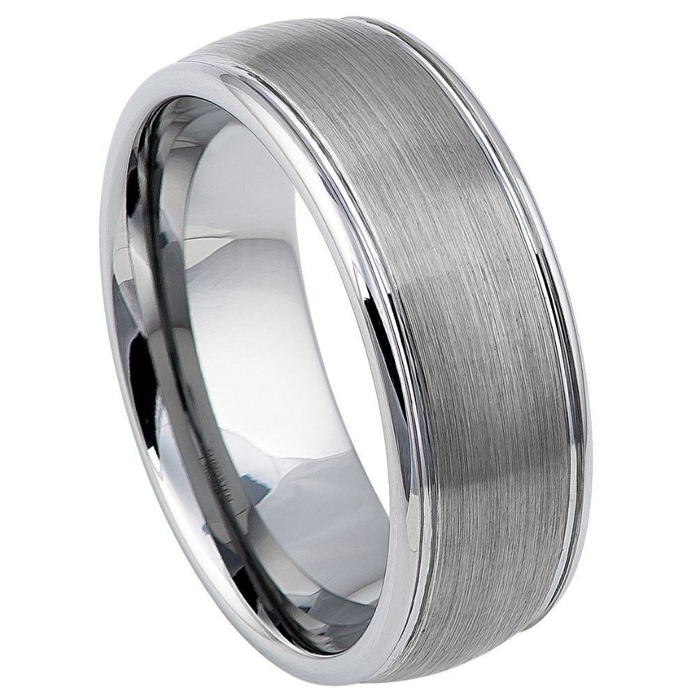 8mm Tungsten Carbide Domed Brushed Center Stepped Edge Wedding Band Ring