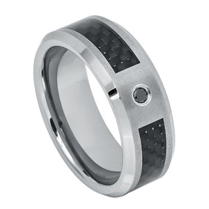 8mm Tungsten Carbide Black Carbon Fiber Inlay Beveled Edge Wedding Band Ring