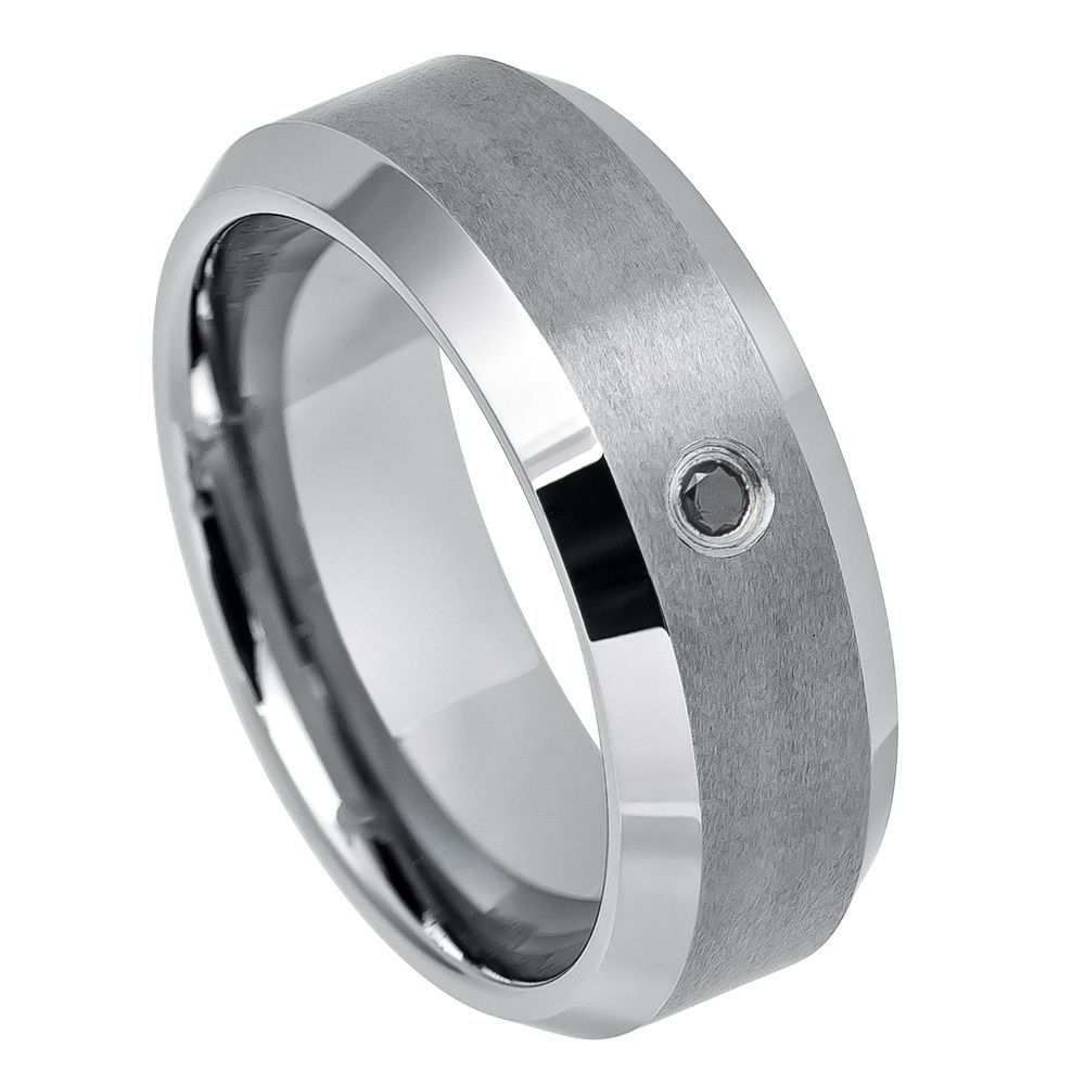 8mm Tungsten Carbide Brushed Center, Shiny Beveled Edge Wedding Band Ring