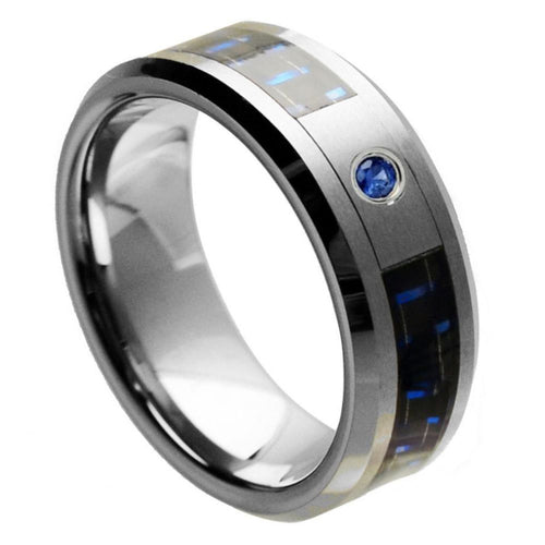 8mm Tungsten Carbide Black & Blue Carbon Fiber Inlay Brushed Center, Shiny Beveled Edge Wedding Ring