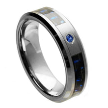 Load image into Gallery viewer, 6mm Tungsten Carbide Black &amp; Blue Carbon Fiber Inlay Brushed Center, Shiny Beveled Edge Wedding Ring