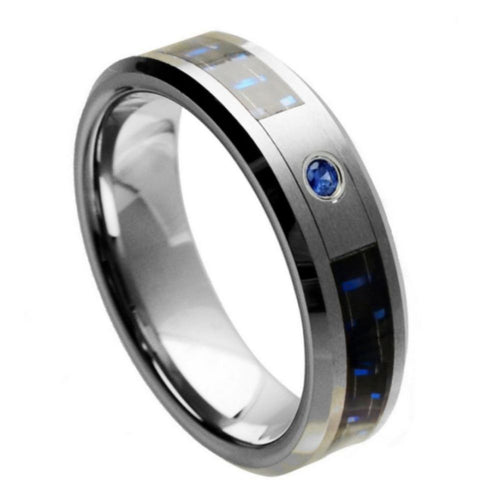 6mm Tungsten Carbide Black & Blue Carbon Fiber Inlay Brushed Center, Shiny Beveled Edge Wedding Ring