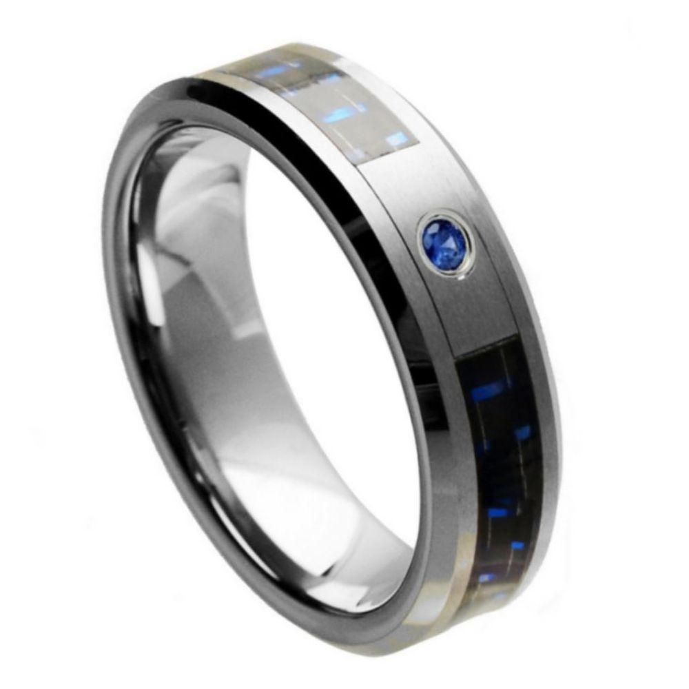 6mm Tungsten Carbide Black & Blue Carbon Fiber Inlay Brushed Center, Shiny Beveled Edge Wedding Ring