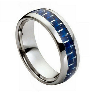 8mm Tungsten Carbide High Polished with Blue Carbon Fiber Inlay Wedding Band Ring