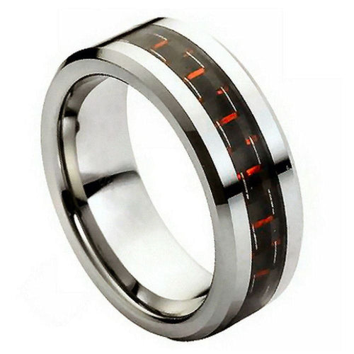 8mm Tungsten Carbide High Polished with Red & Black Carbon Fiber Inlay Wedding Band Ring