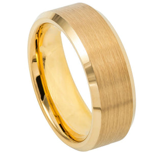 8mm Tungsten Carbide Yellow Gold IP Brushed Center Shiny Beveled Edge Wedding Band Ring