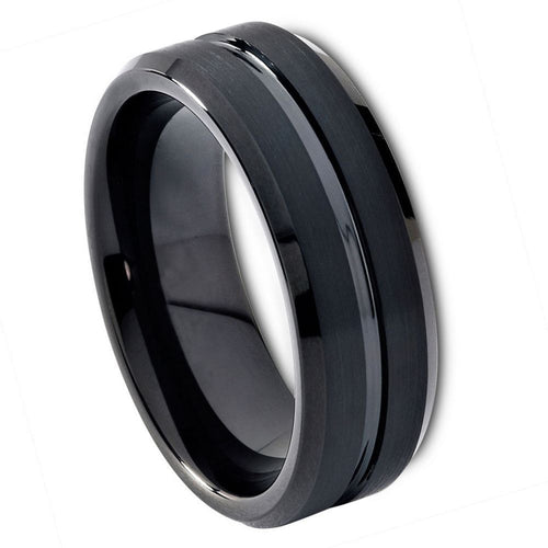 8mm Tungsten Carbide Black IP Plated Shiny Grooved Center Brushed Beveled Edge Wedding Band Ring