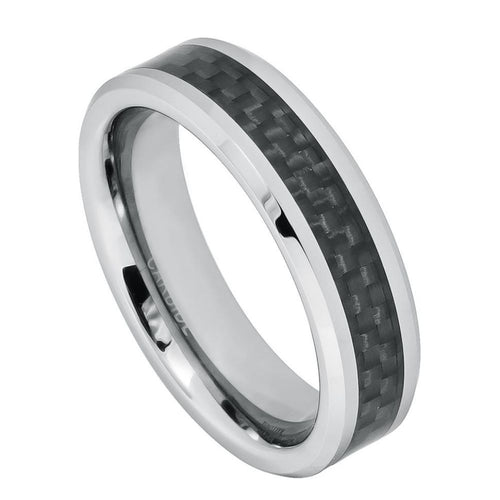 6mm Tungsten Carbide Black Carbon Fiber Inlay Wedding Band Ring