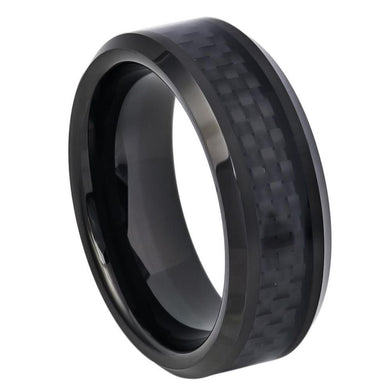 8mm Black Carbon Fiber Inlay Shiny Beveled Edge Wedding Band Ring