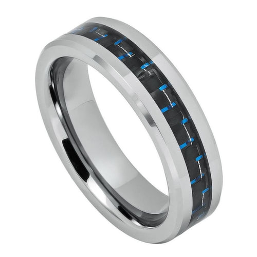 6mm Tungsten Carbide Black Blue Carbon Fiber Inlay Wedding Band Ring