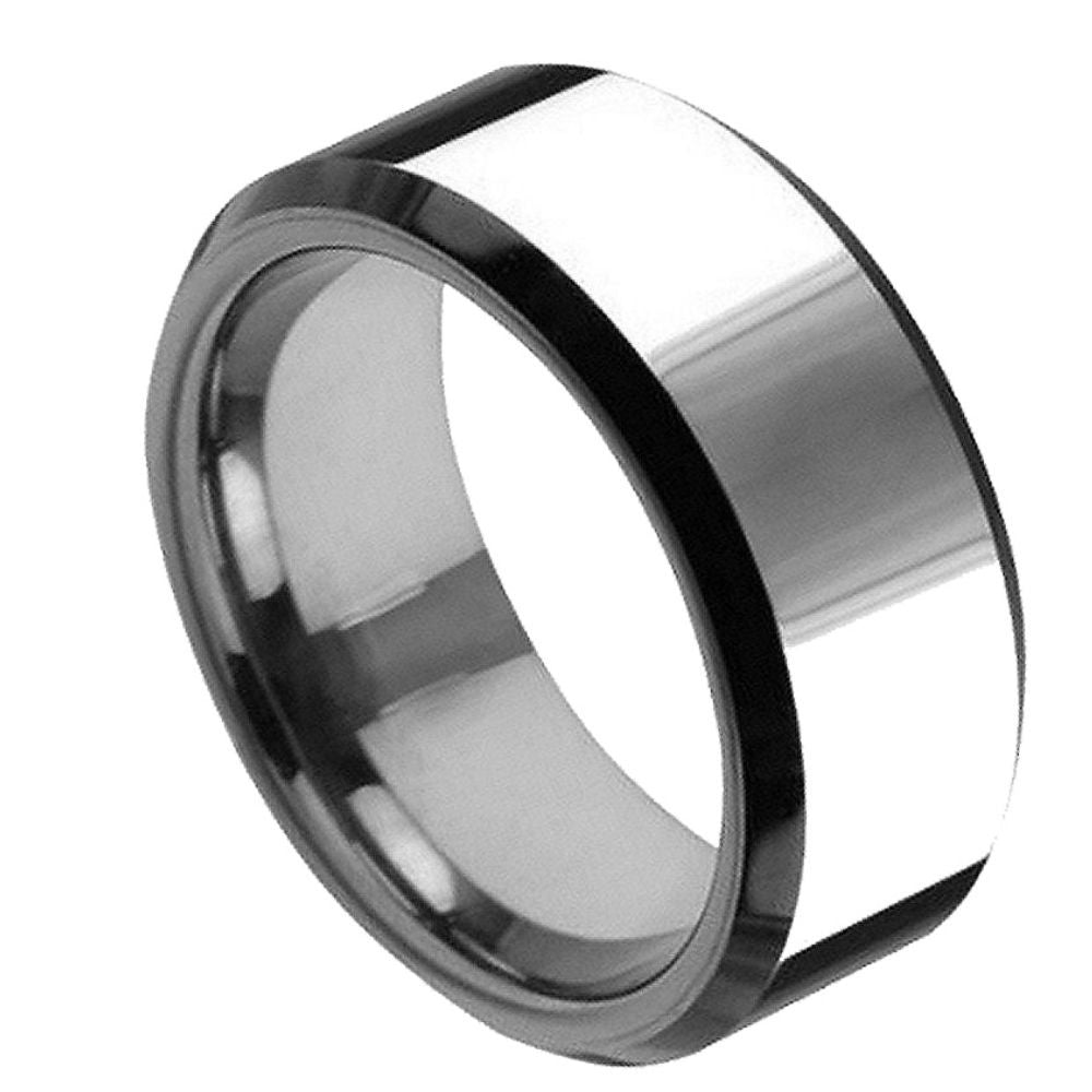 8mm Tungsten Carbide Flat High Polished (only the Beveled Edge is Black IP Plated) Wedding Band Ring