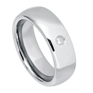 7mm Tungsten Carbide Domed High Polished with ONE (1) bezel-set WHITE DIAMOND Wedding Band Ring