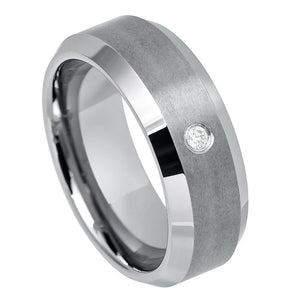 8mm Tungsten Carbide Brushed Center, Shiny Beveled Edge with ONE (1) WHITE DIAMOND Wedding Band Ring