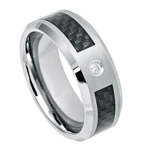 8mm Tungsten Carbide Black Carbon Fiber Inlay Beveled Edge Brushed Finish Wedding Band Ring