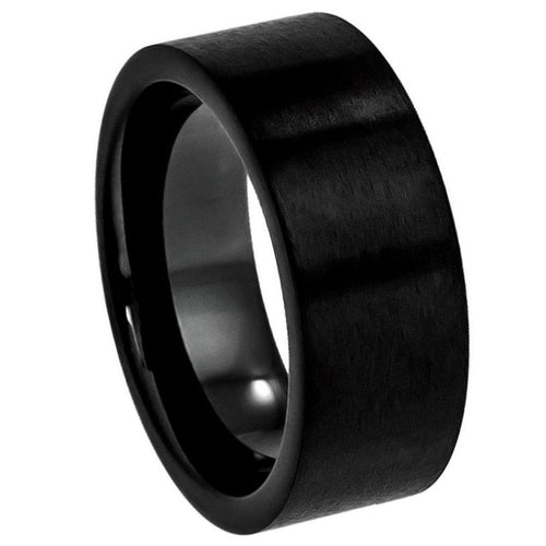 9mm Tungsten Carbide Black IP Plated Brushed Pipe Cut Band Wedding Band Ring