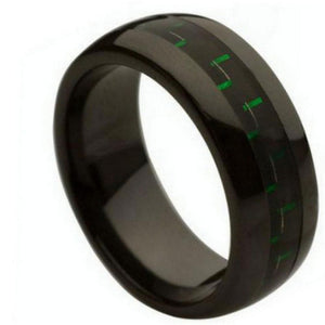 8mm Green Black Carbon Fiber Inlay  Shiny Domed Wedding Band Ring