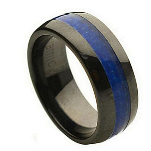 8mm Blue Carbon Fiber Inlay Shiny Domed Wedding Band Ring