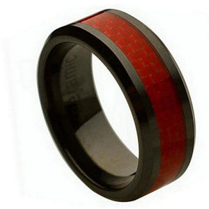 8mm Red Carbon Fiber Inlay Shiny Beveled Edge Wedding Band Ring