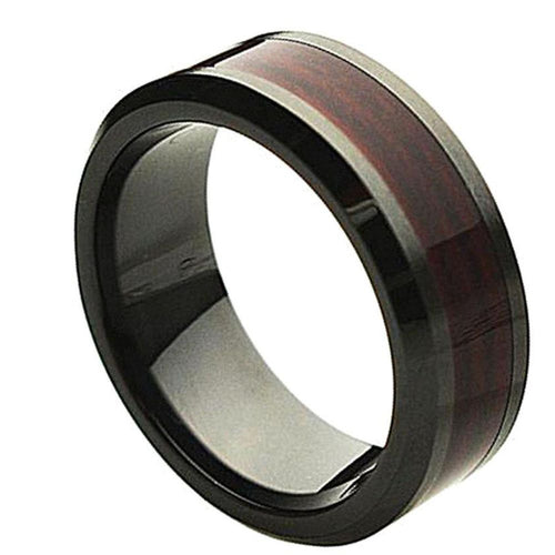 8mm Beveled Edge Black Ceramic Ring with Burgundy Wood Laminate Inlay Wedding Band Ring