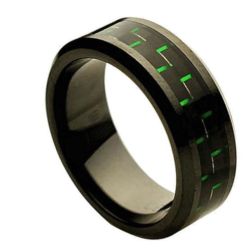 8mm Ceramic Ring with Green Black Carbon Fiber Inlay Wedding Band Ring